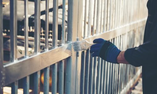 Construction worker painting fence at home, closeup
